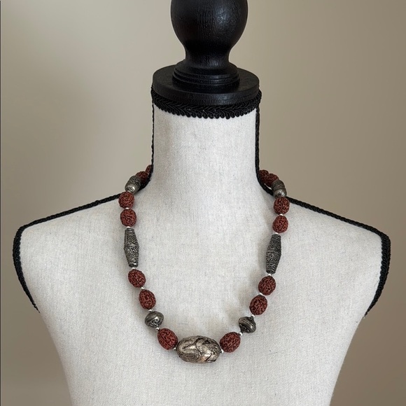 Rudraksha Beaded Necklace with Large Silver Tone Dragon Bead Power Unity - Picture 2 of 6